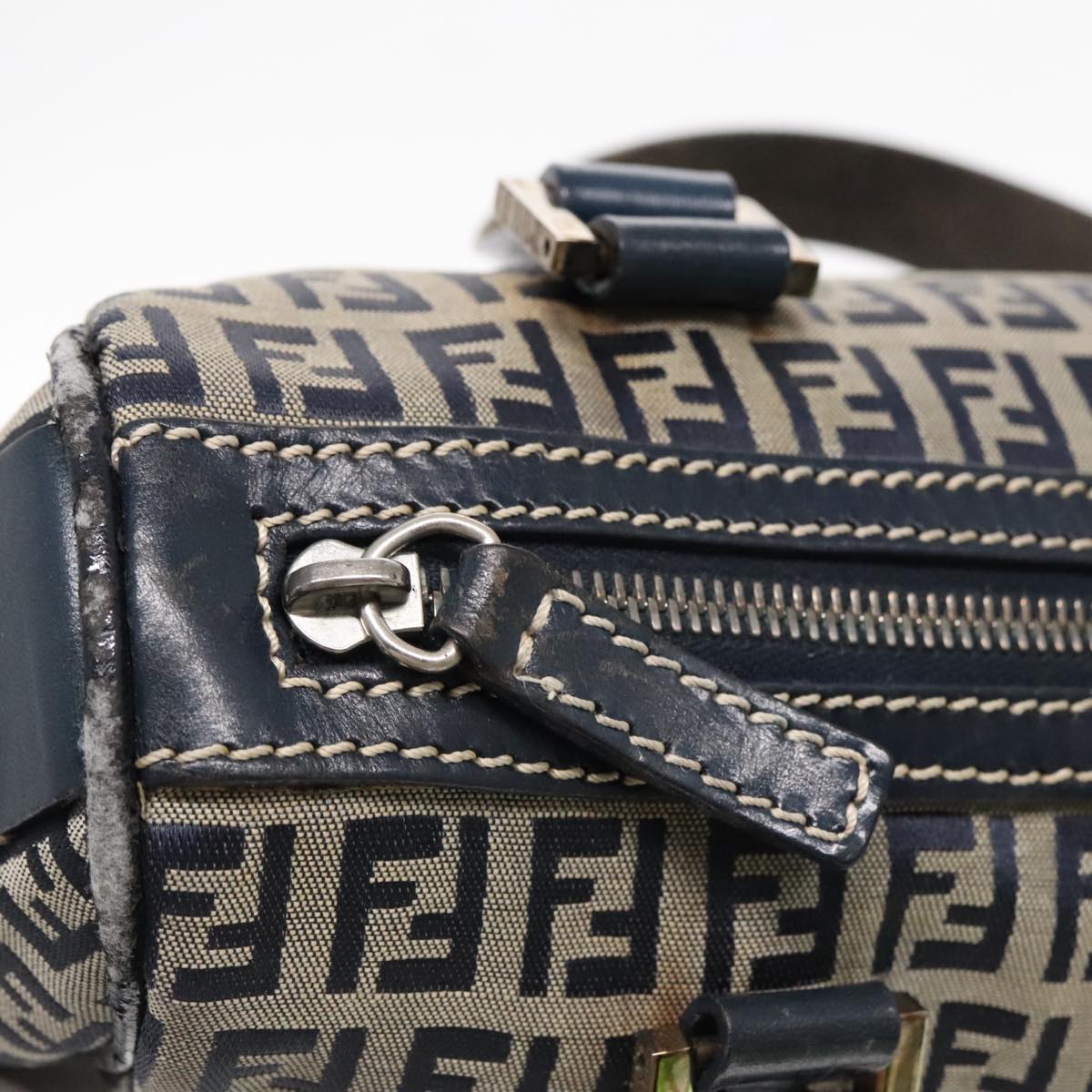 FENDI Zucchino Canvas Hand Bag Navy Silver Auth 94977