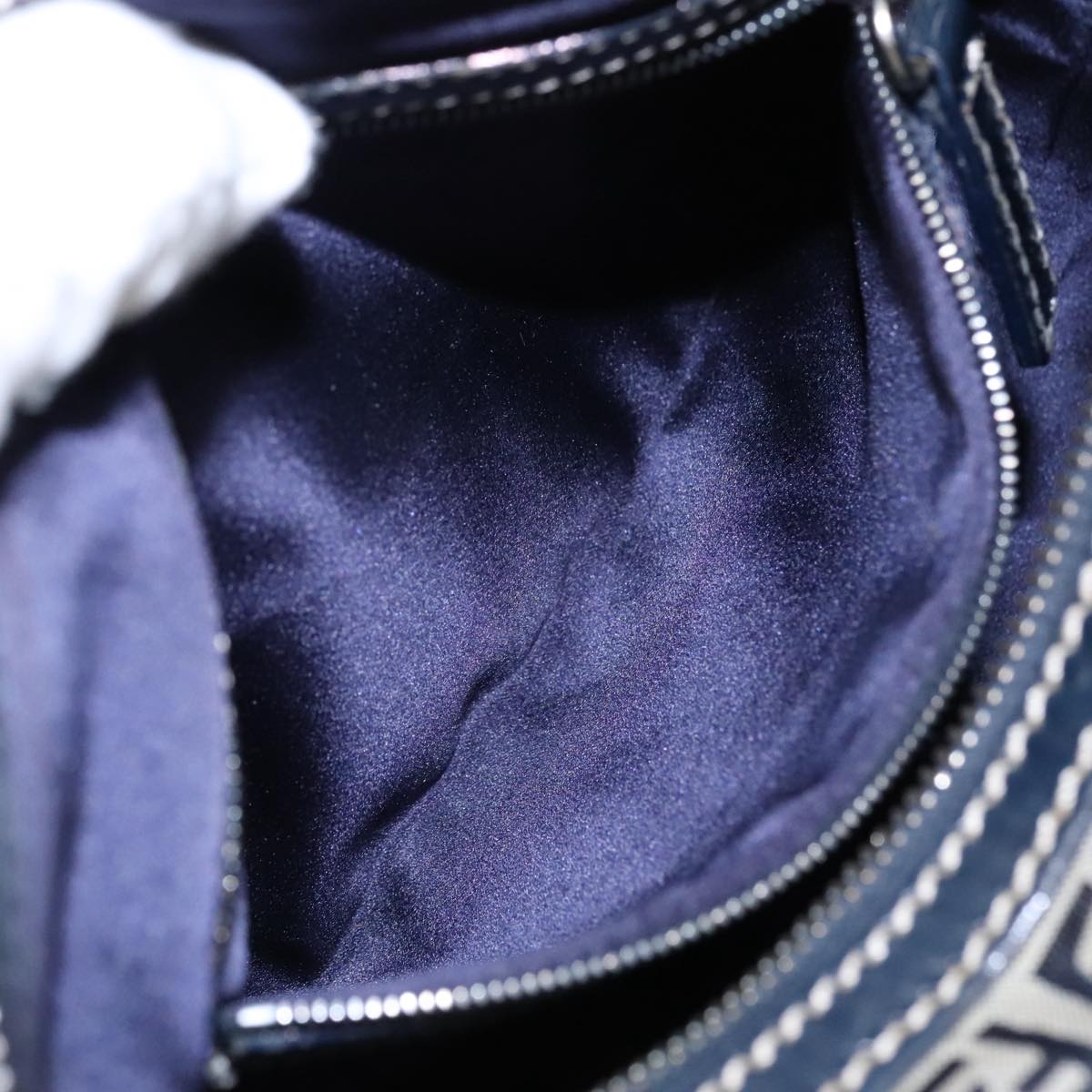 FENDI Zucchino Canvas Hand Bag Navy Silver Auth 94977