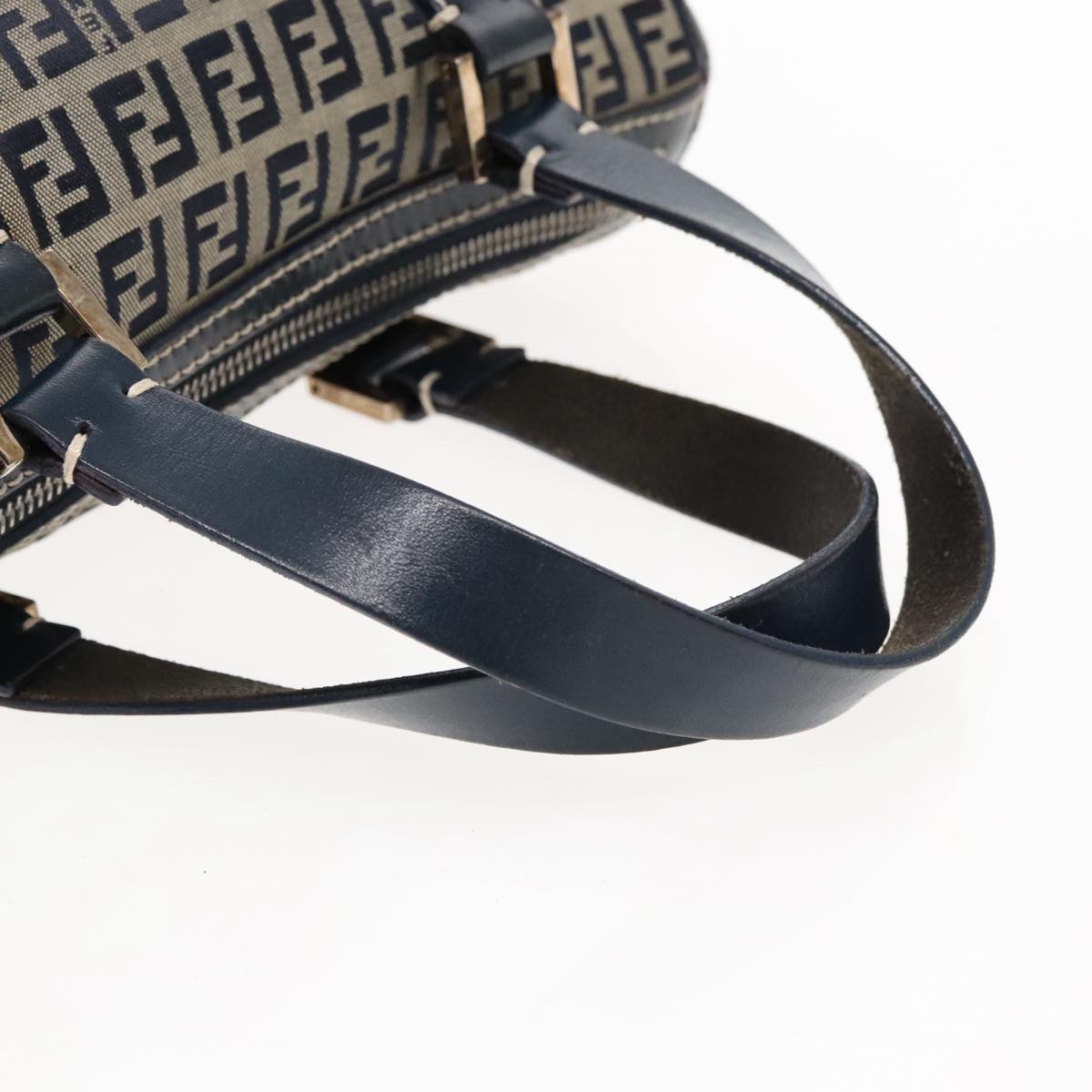 FENDI Zucchino Canvas Hand Bag Navy Silver Auth 94977