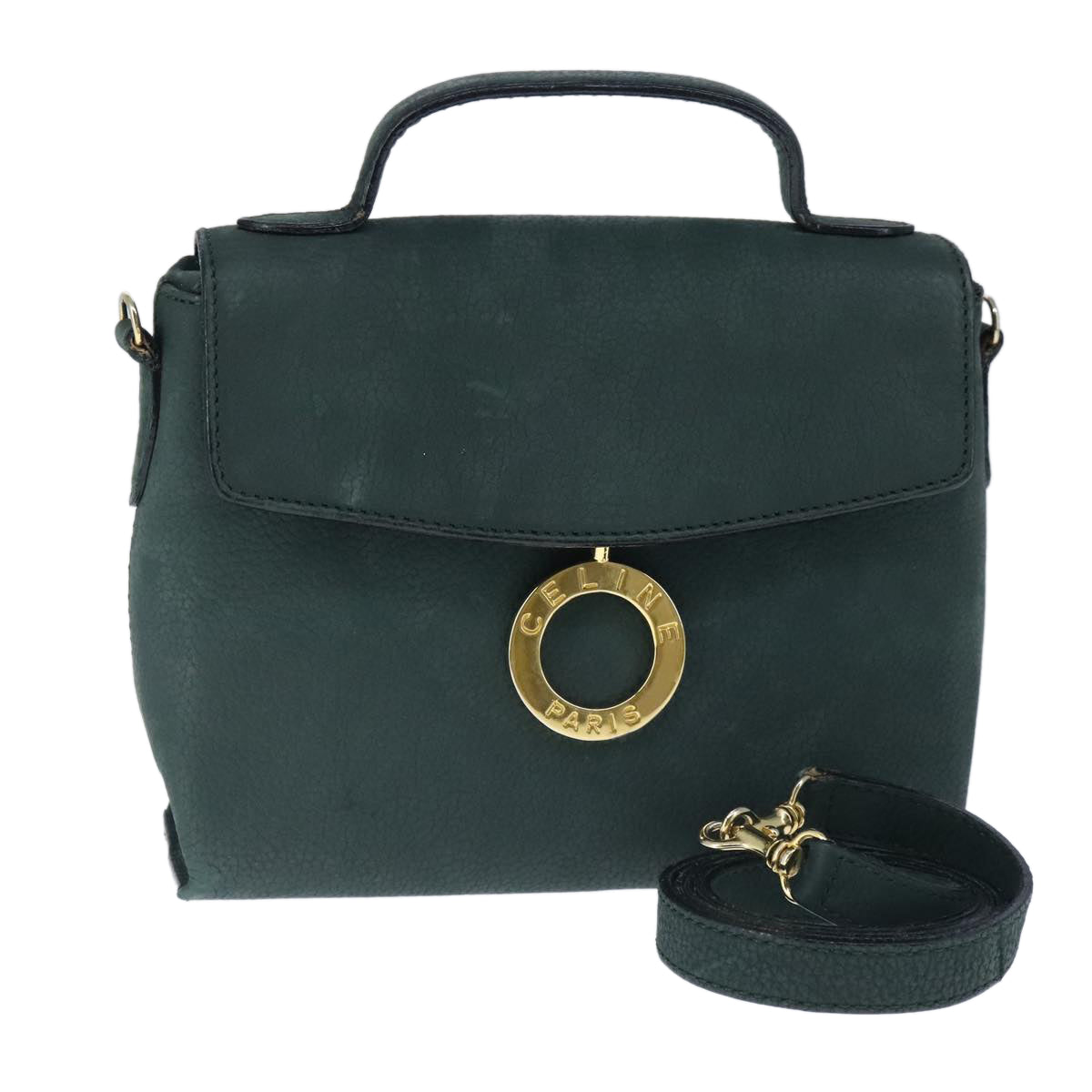CELINE Hand Bag Leather 2way Green Gold Auth 94979
