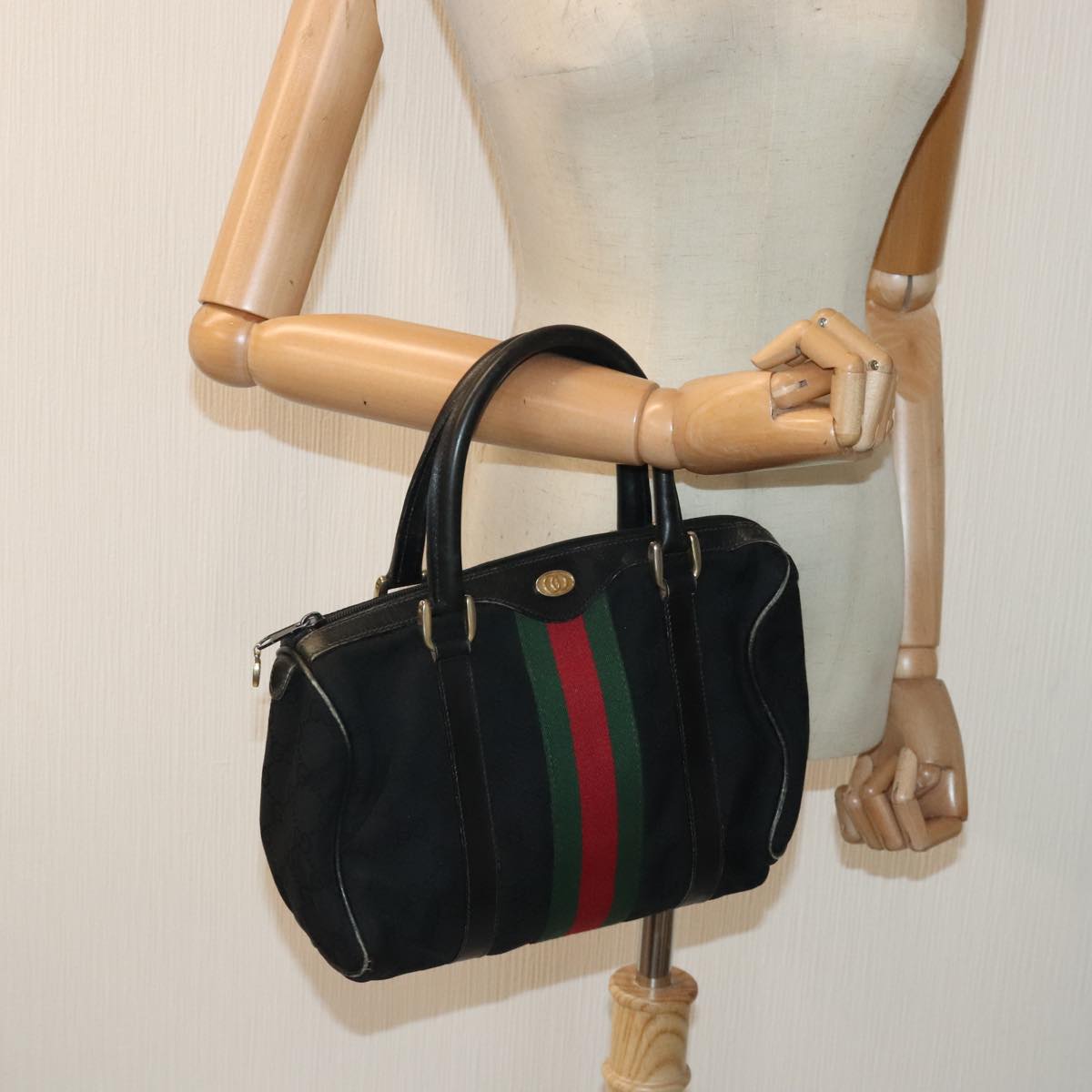 GUCCI GG Canvas Web Sherry Line Hand Bag Black Red 012 3841 28 39 Auth 94998