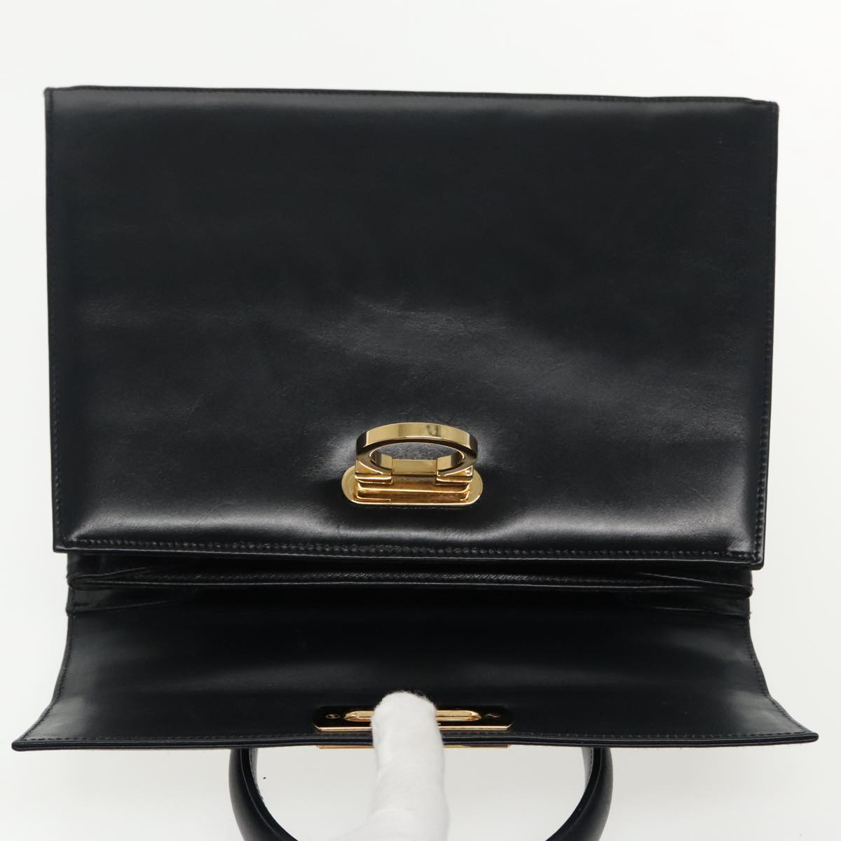 Salvatore Ferragamo Gancini Hand Bag Leather 2way Navy Gold Auth 95002