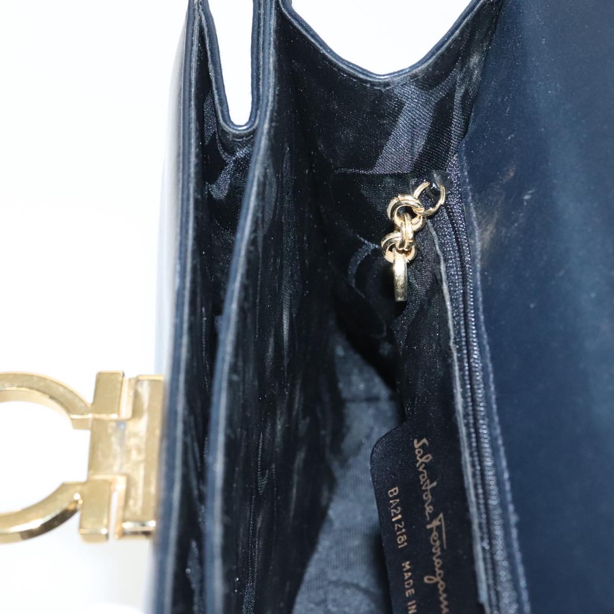 Salvatore Ferragamo Gancini Hand Bag Leather 2way Navy Gold Auth 95002