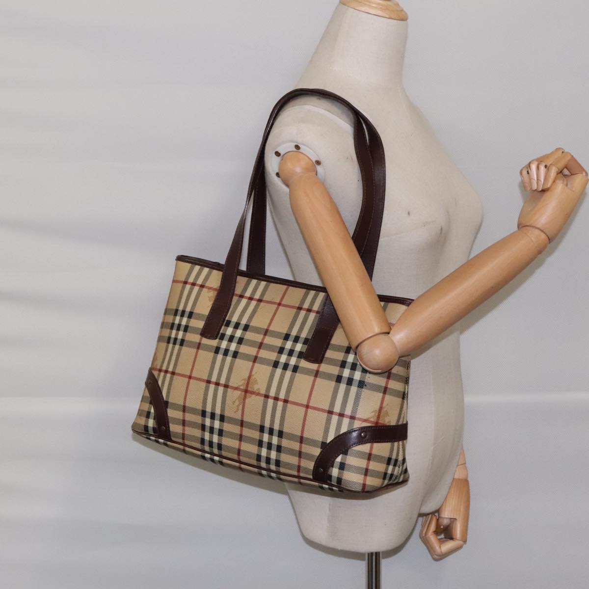 BURBERRY Nova Check Tote Bag PVC Beige Gold Auth 95006