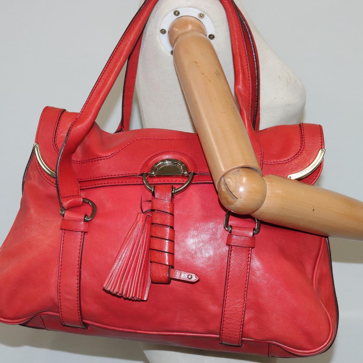 CELINE Shoulder Bag Leather Red Gold Auth 95010