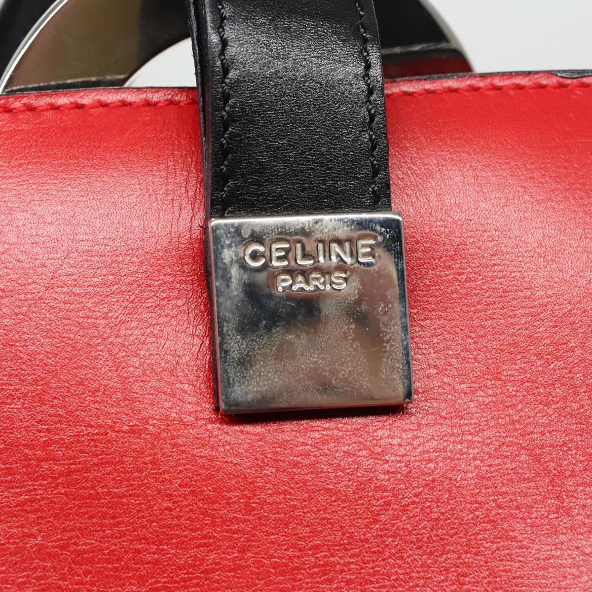 CELINE Shoulder Bag Leather Red Silver Auth 95033