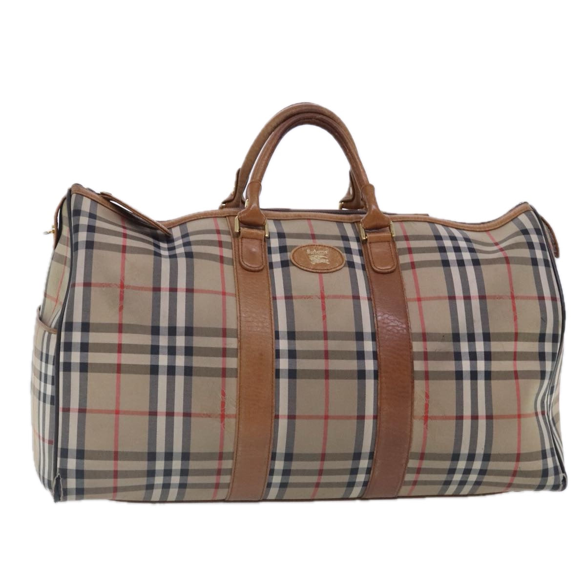 Burberrys Nova Check Boston Bag Canvas Beige Gold Auth 95037