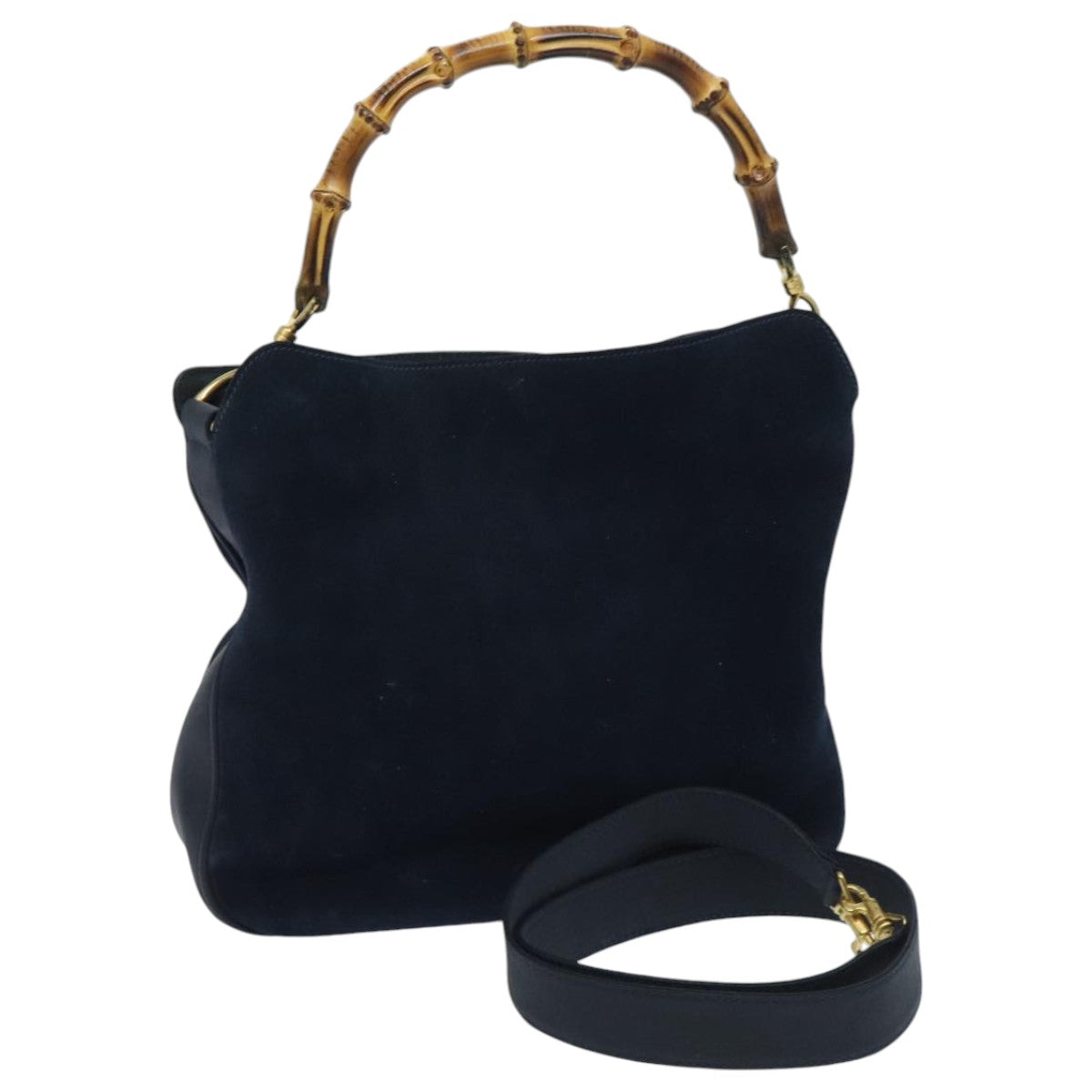 GUCCI Bamboo Hand Bag Suede 2way Navy Gold 001 1638 2615 Auth 95040