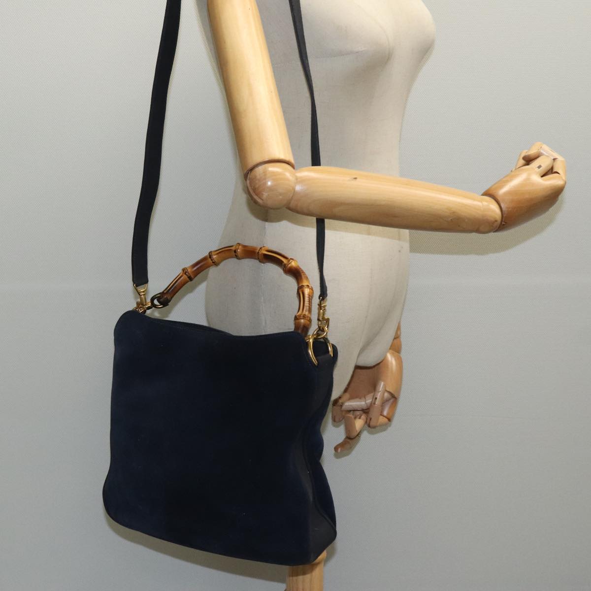 GUCCI Bamboo Hand Bag Suede 2way Navy Gold 001 1638 2615 Auth 95040