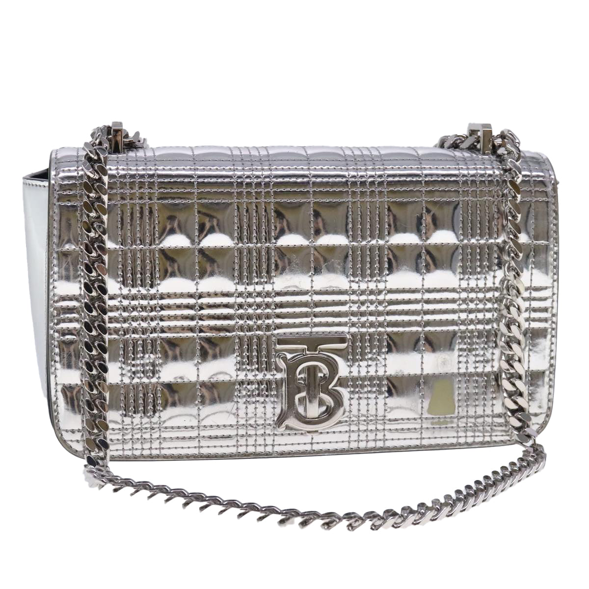 BURBERRY Chain Shoulder Bag Patent leather Silver Auth 95065