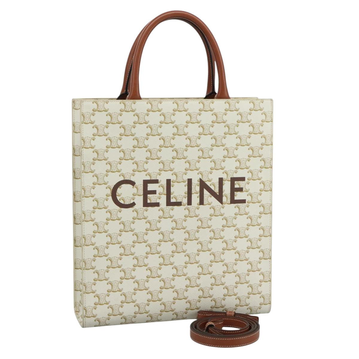 CELINE Triomphe Small Vertical Cabas Tote Bag PVC Leather 2way White Auth 95139SM