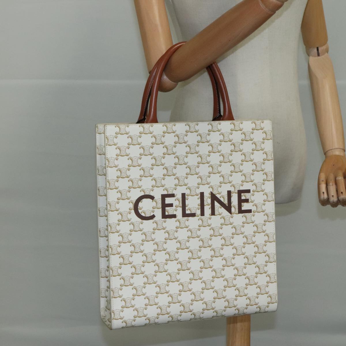 CELINE Triomphe Small Vertical Cabas Tote Bag PVC Leather 2way White Auth 95139SM