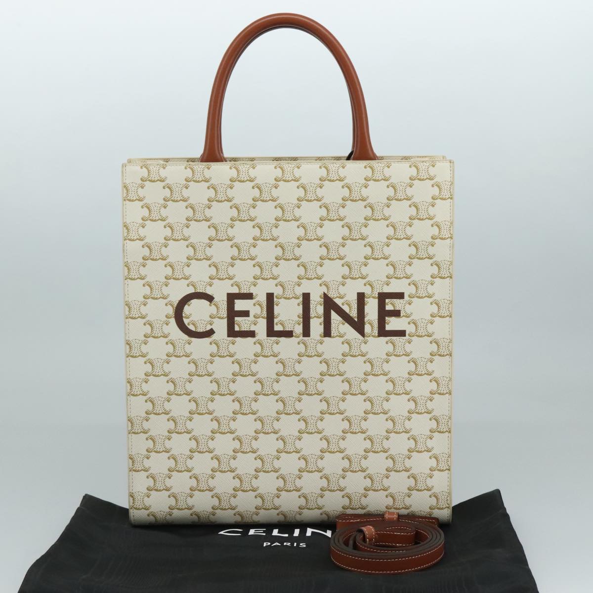CELINE Triomphe Small Vertical Cabas Tote Bag PVC Leather 2way White Auth 95139SM