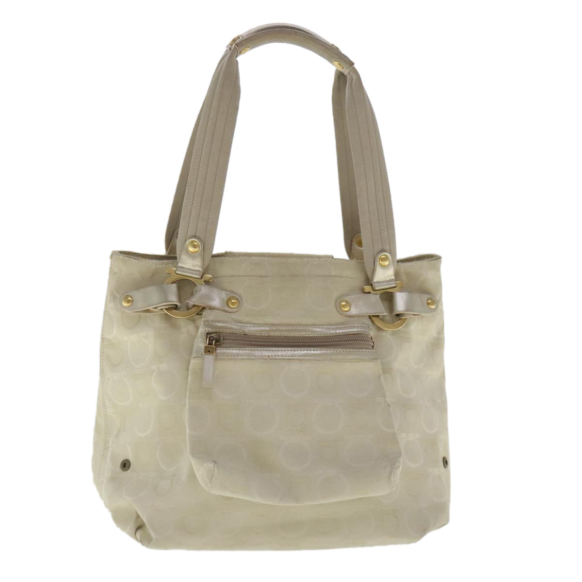 Salvatore Ferragamo Gancini Hand Bag Canvas Beige Gold Auth 95165