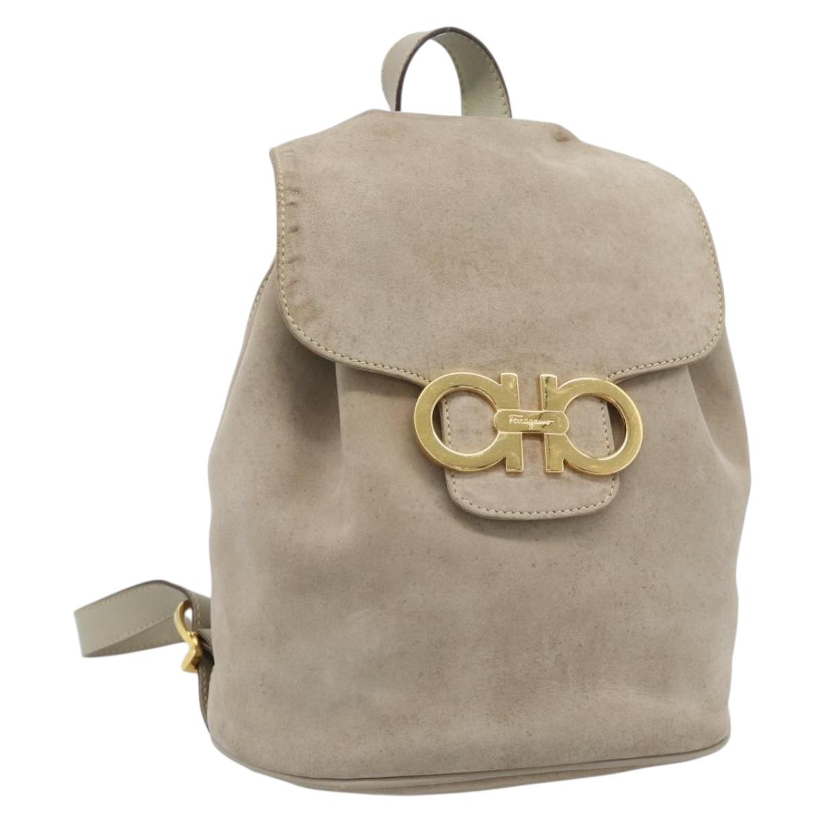 Salvatore Ferragamo Gancini Hand Bag Suede Leather Beige Gold Auth 95348