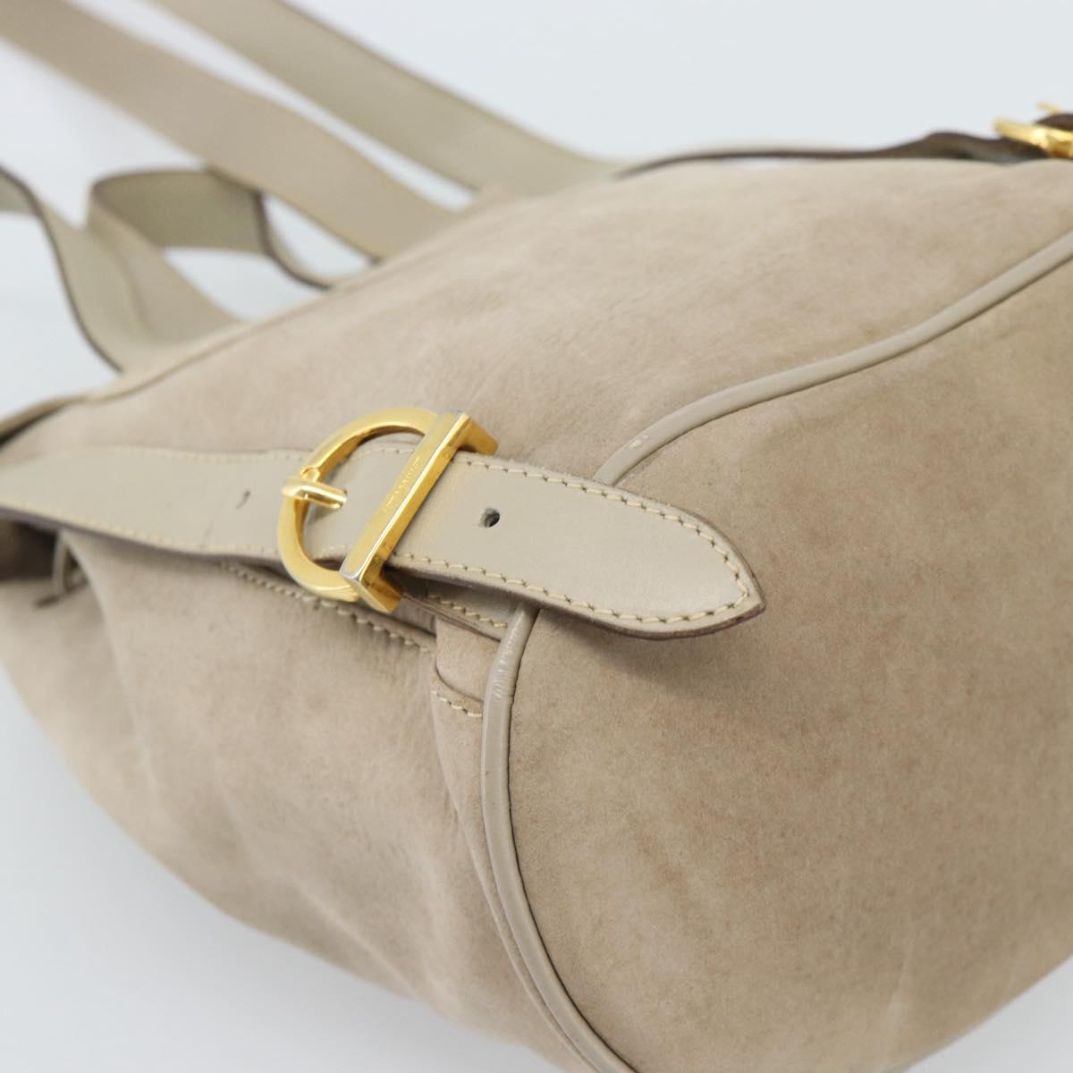 Salvatore Ferragamo Gancini Hand Bag Suede Leather Beige Gold Auth 95348