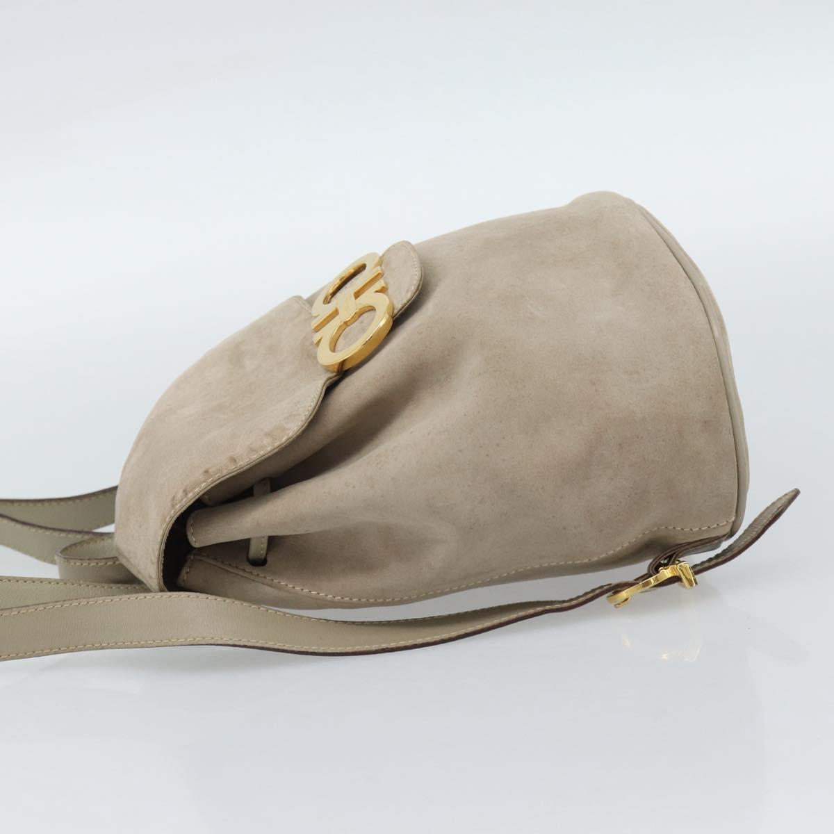 Salvatore Ferragamo Gancini Hand Bag Suede Leather Beige Gold Auth 95348