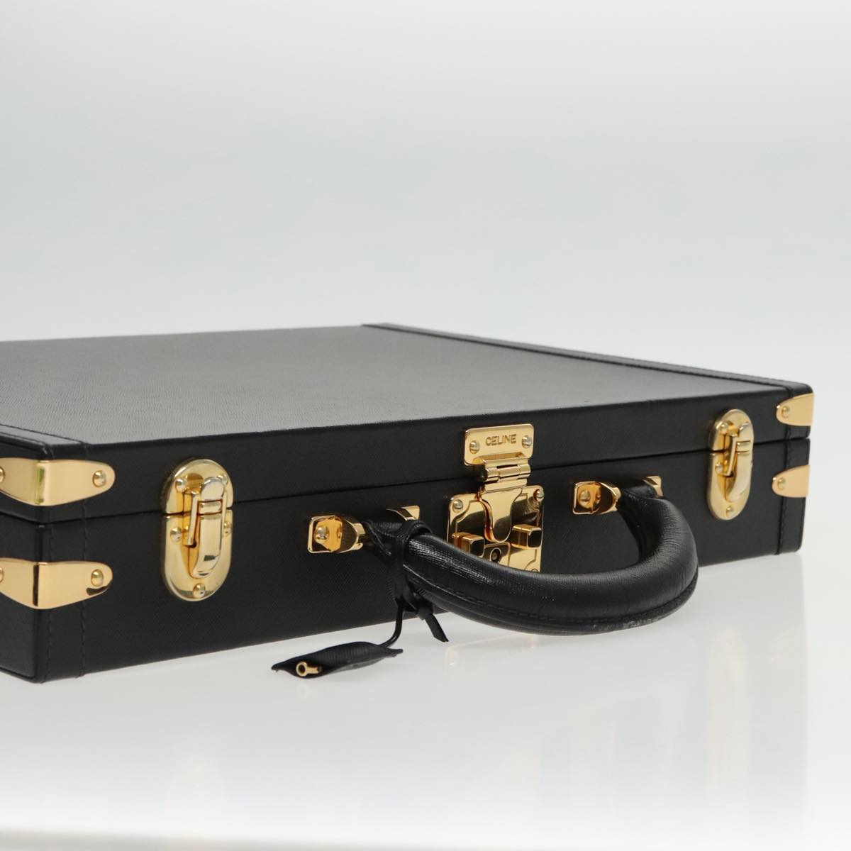 CELINE Attache case Trunk Leather Black Gold Auth 95356