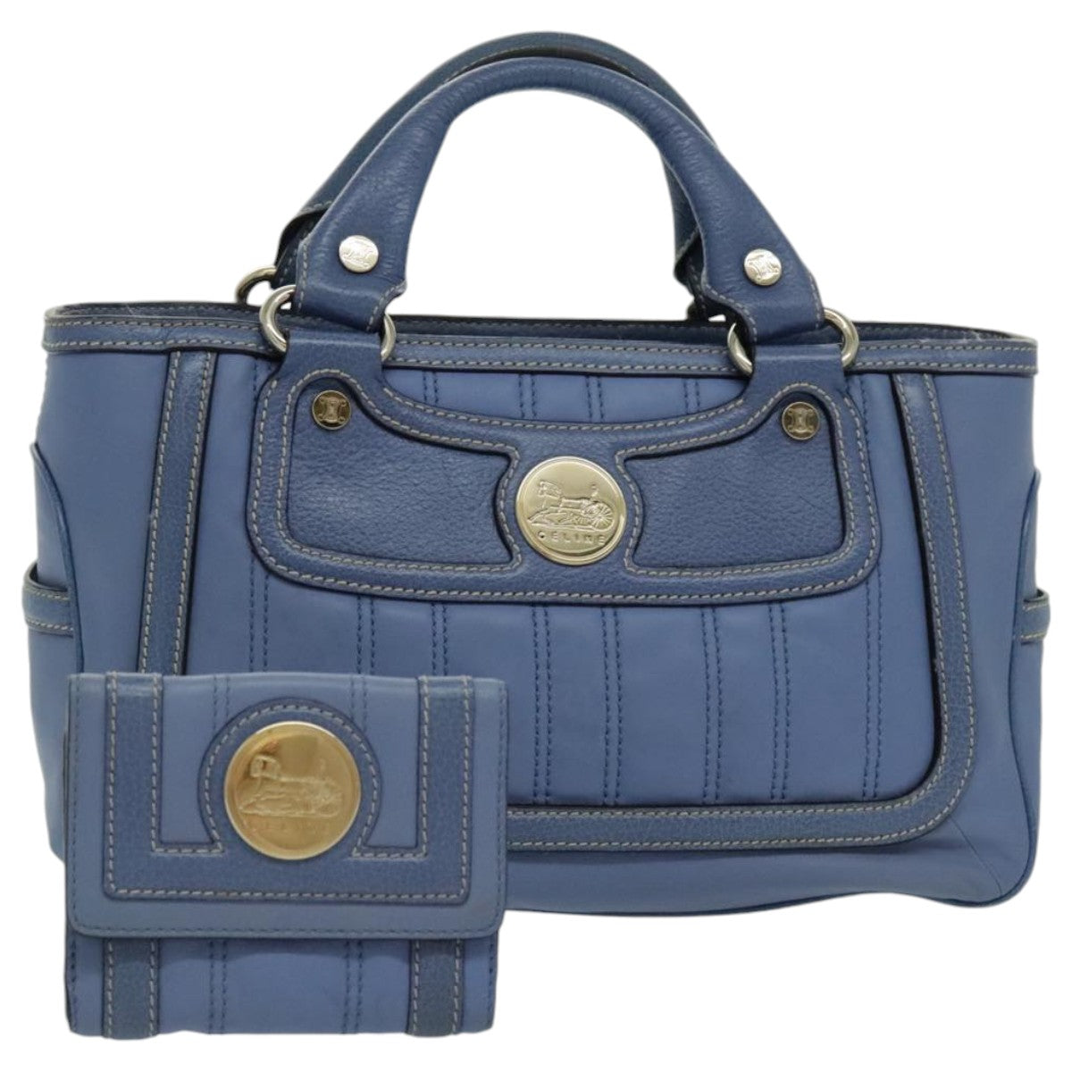 CELINE Wallet Hand Bag Leather set Blue Gold Auth 95357