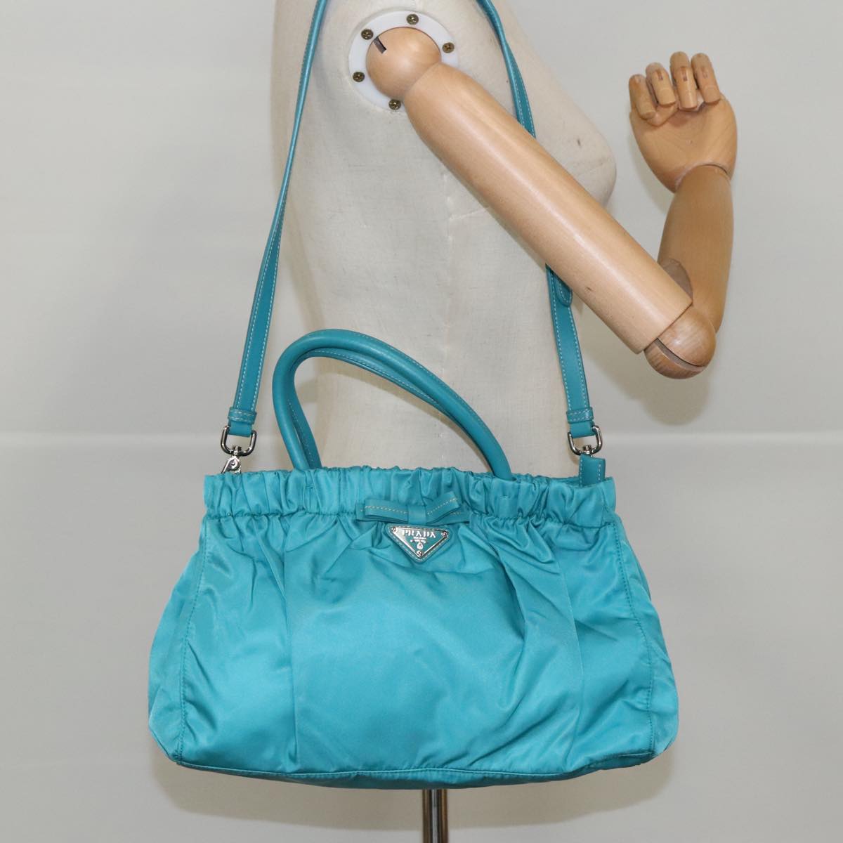 PRADA Hand Bag Nylon 2way Turquoise Blue Silver Auth 95390V