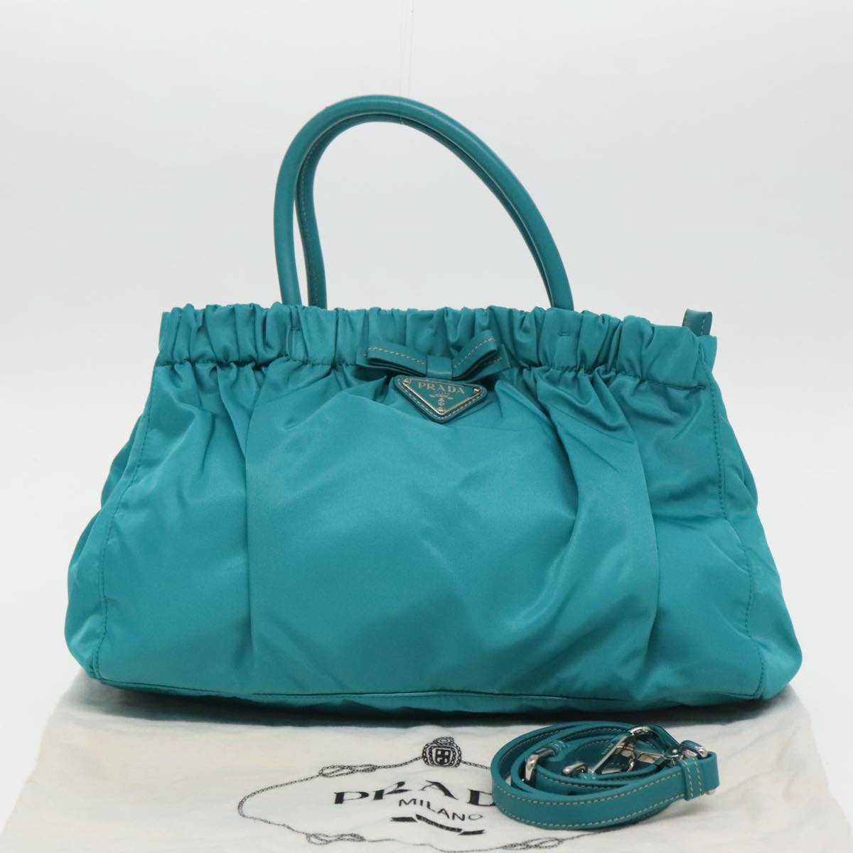 PRADA Hand Bag Nylon 2way Turquoise Blue Silver Auth 95390V