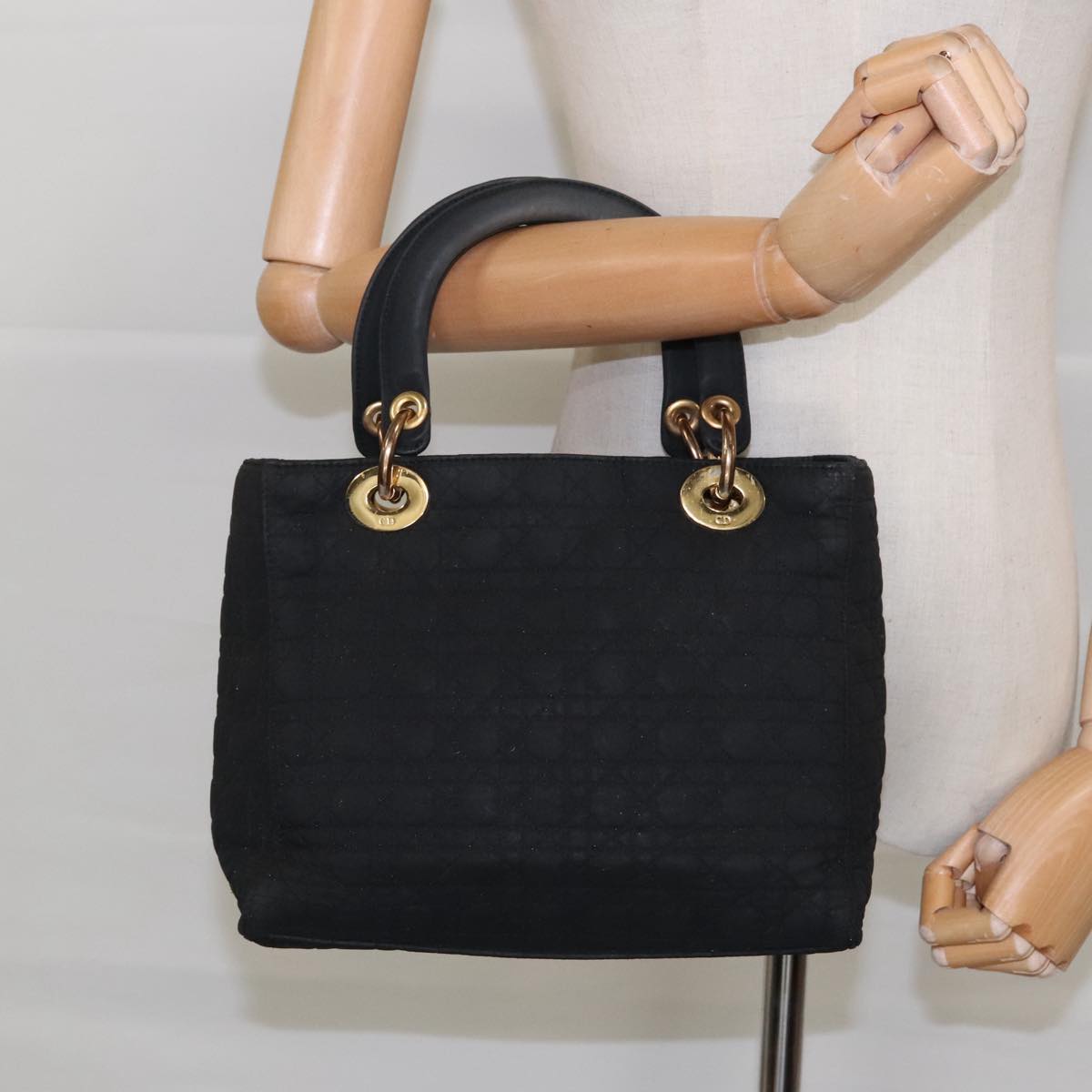 Christian Dior Lady Dior Canage Hand Bag Nylon Black Gold Auth 95443