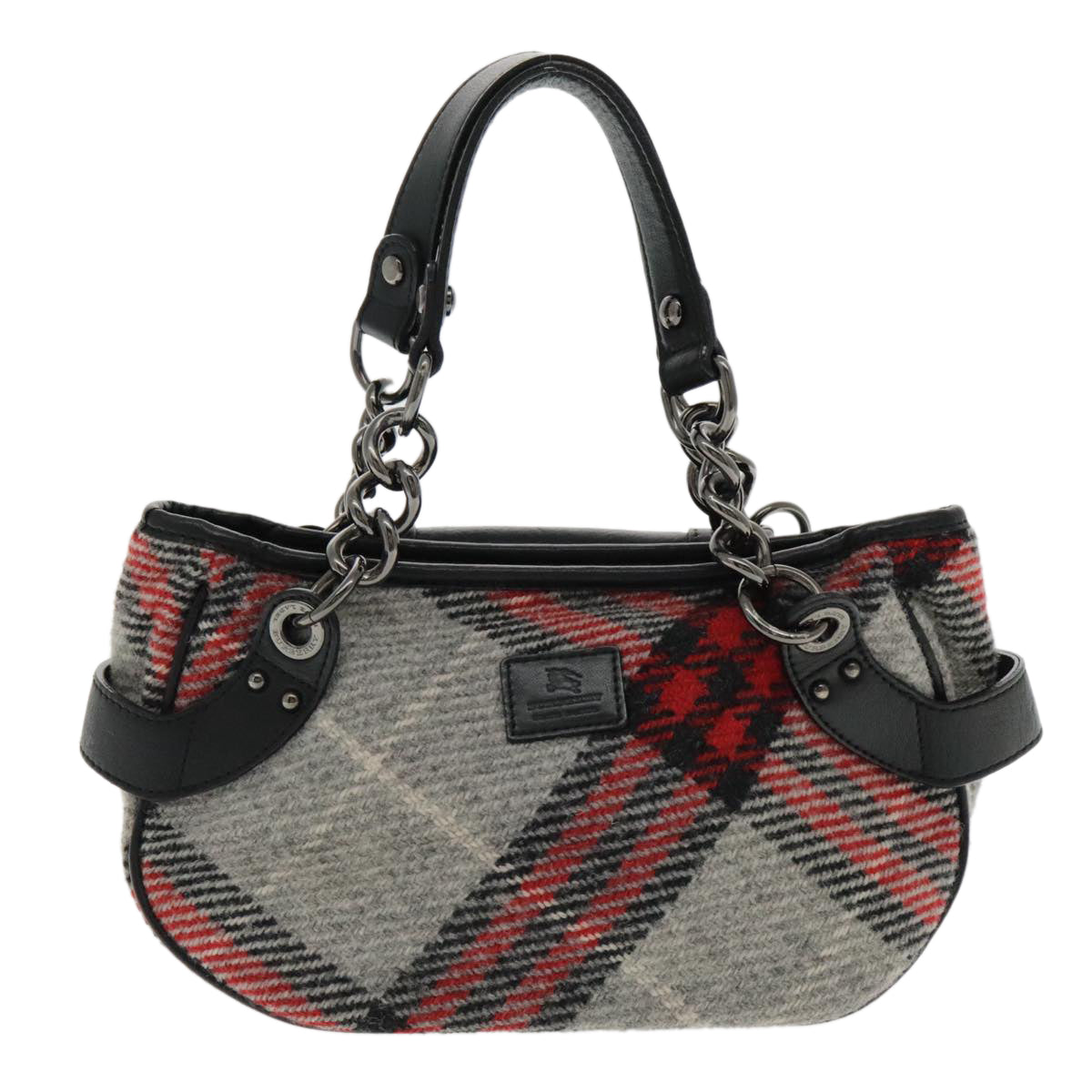 BURBERRY Nova Check Chain Blue Label Hand Bag Wool Gray Silver Auth 95473