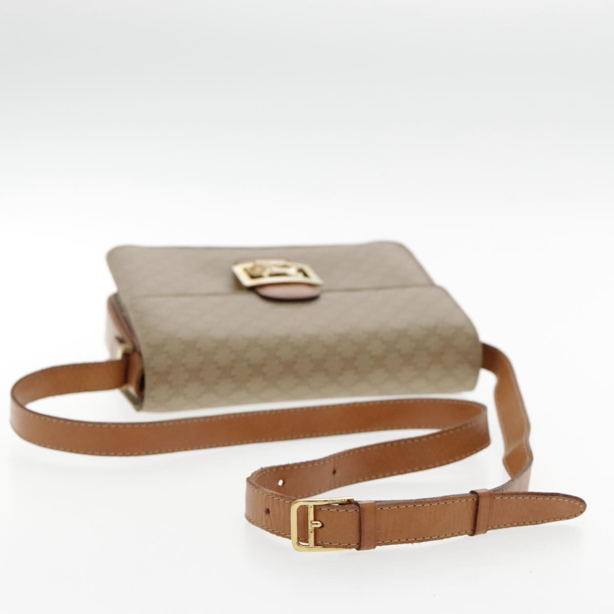 CELINE Macadam Canvas Horse Carriage Shoulder Bag Beige Gold Auth 95557