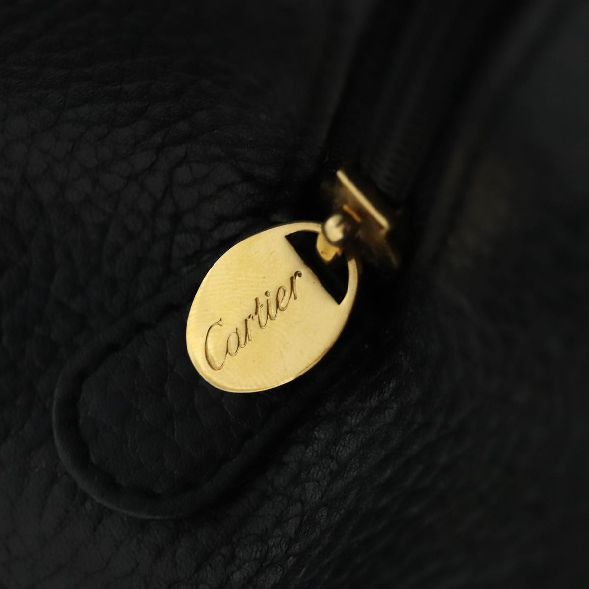 CARTIER Hand Bag Leather Black Gold Auth 95618