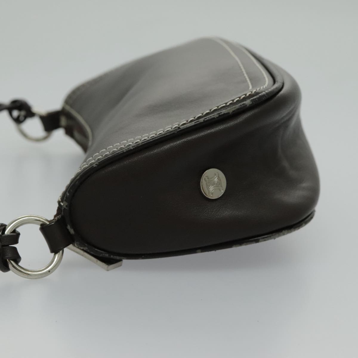 CELINE Accessory Pouch Leather Silver Brown Auth 95643