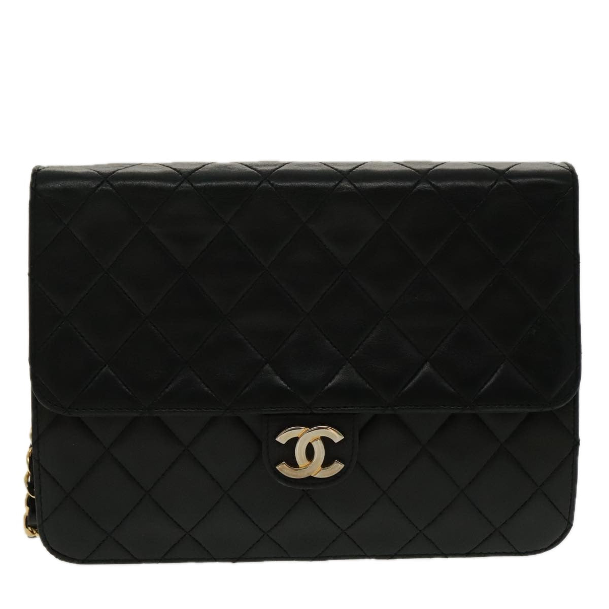 CHANEL Matelasse Chain Shoulder Bag Lamb Skin Navy Gold CC Auth 95722