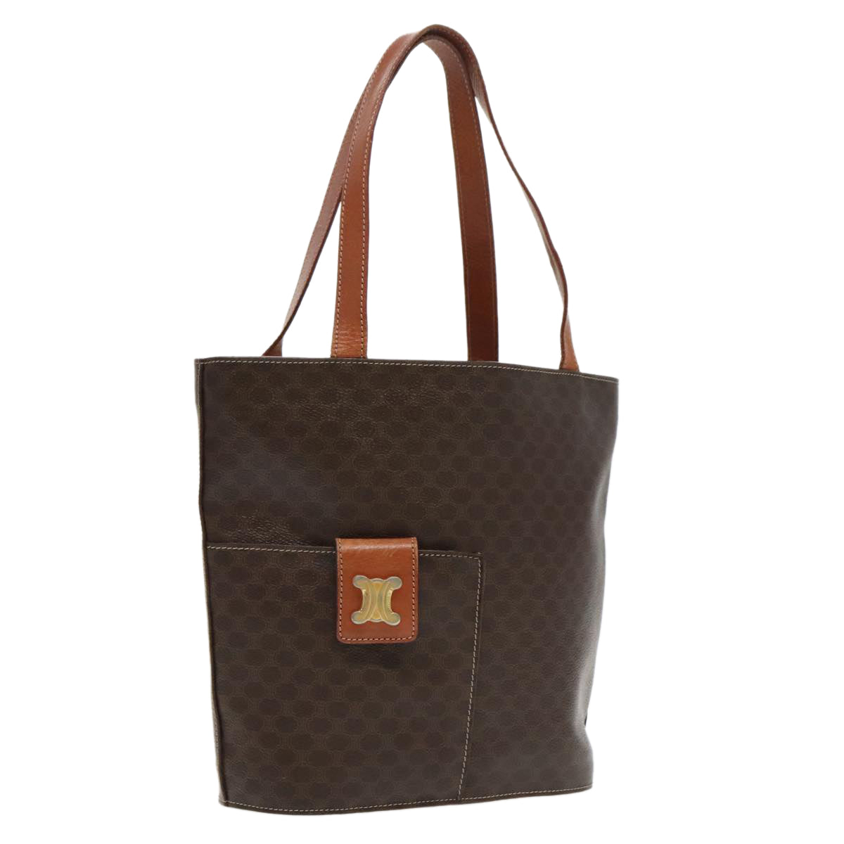 CELINE Macadam Canvas Tote Bag PVC Leather Brown Gold Auth 95766