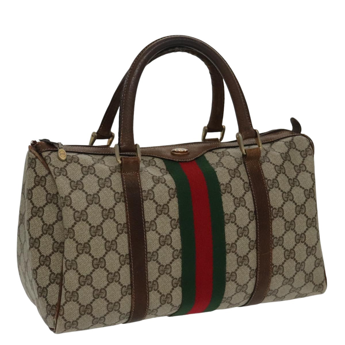 GUCCI GG Supreme Web Sherry Line Boston Bag PVC Beige Red 010 378 Auth 95820