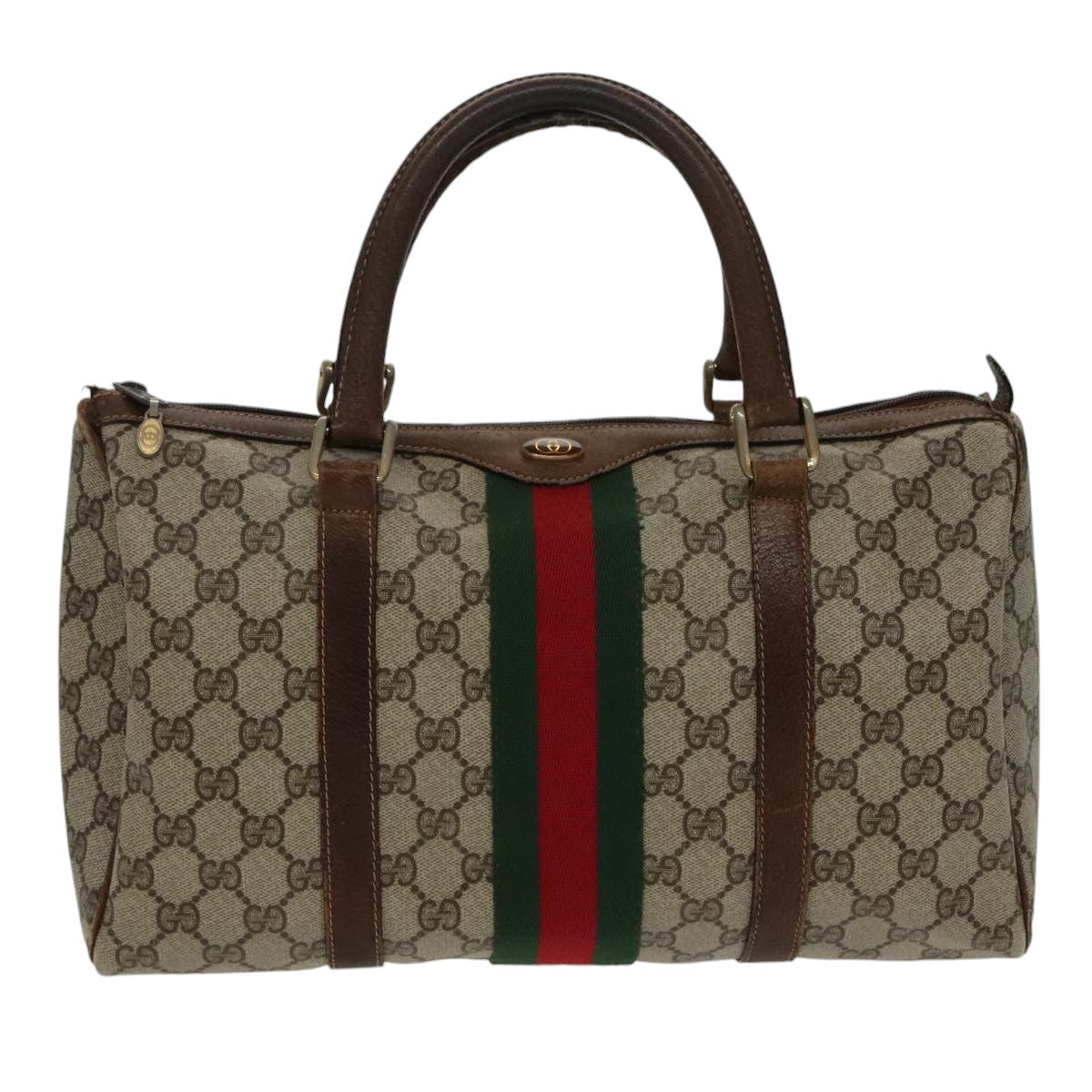 GUCCI GG Supreme Web Sherry Line Boston Bag PVC Beige Red 010 378 Auth 95820