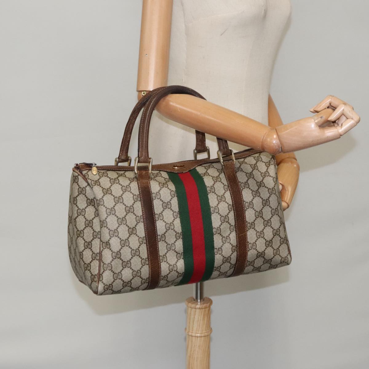 GUCCI GG Supreme Web Sherry Line Boston Bag PVC Beige Red 010 378 Auth 95820