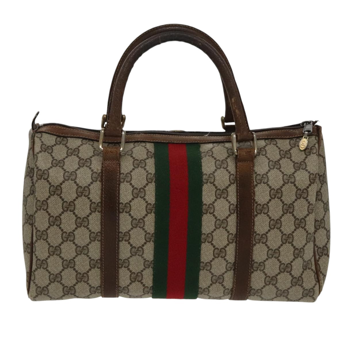 GUCCI GG Supreme Web Sherry Line Boston Bag PVC Beige Red 010 378 Auth 95820