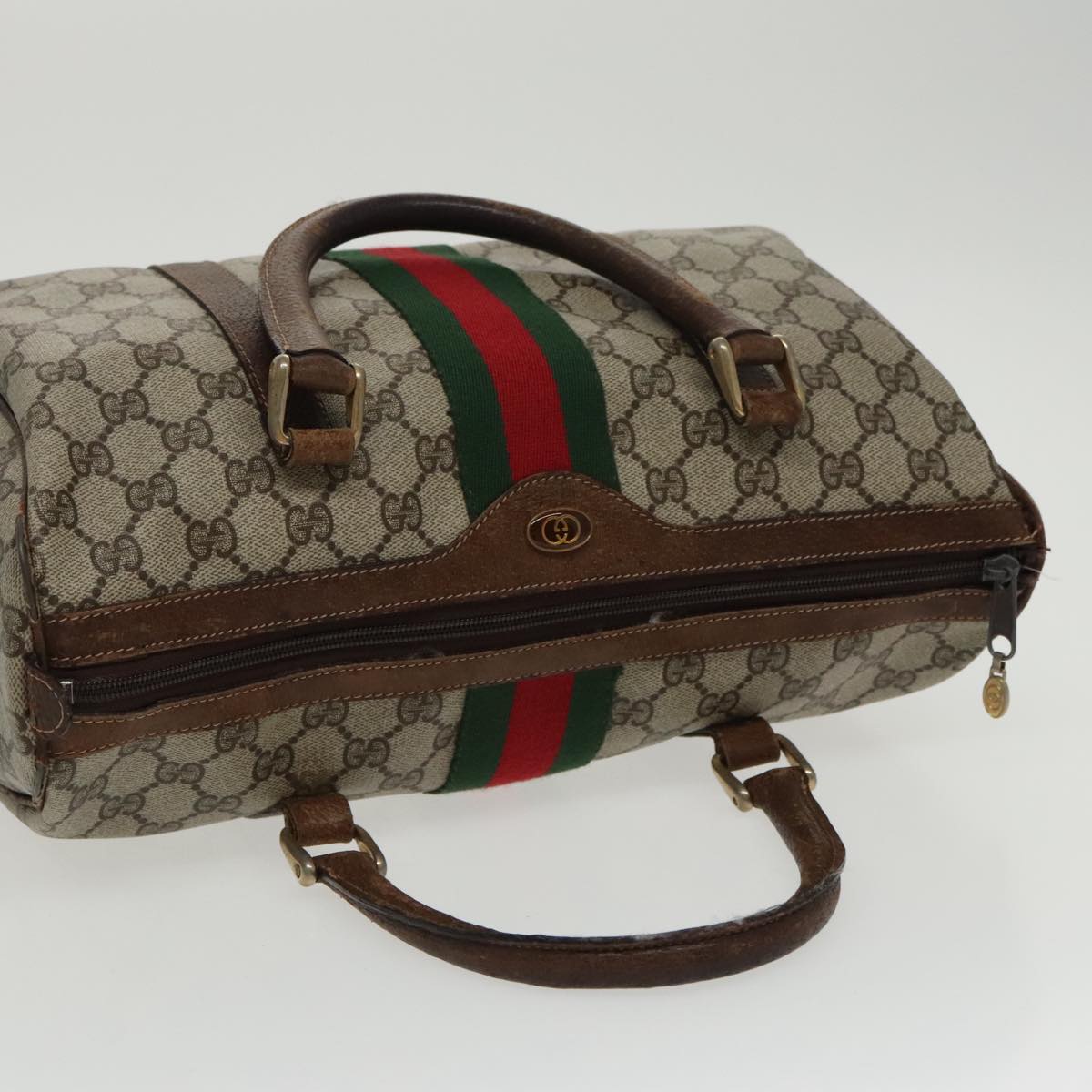 GUCCI GG Supreme Web Sherry Line Boston Bag PVC Beige Red 010 378 Auth 95820