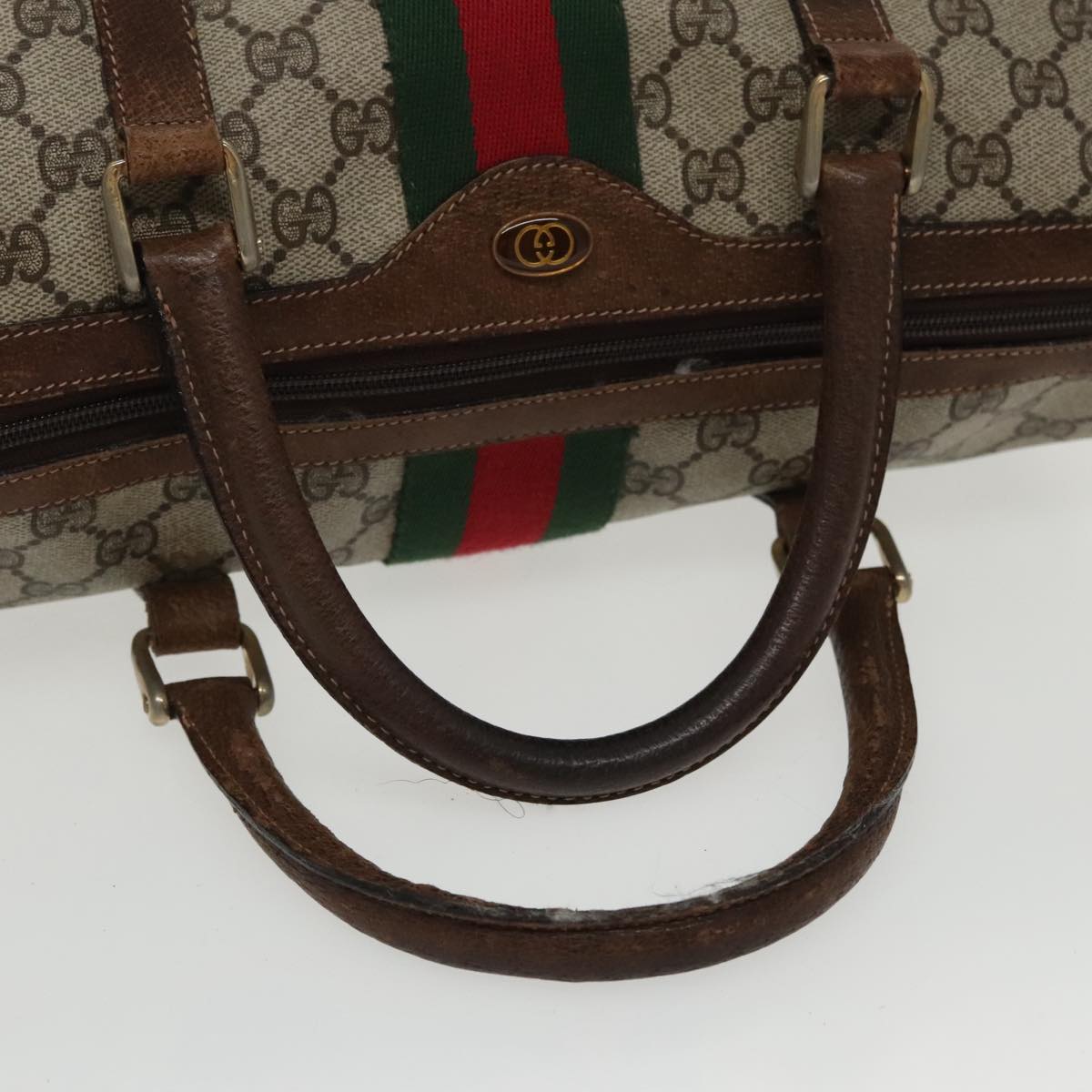 GUCCI GG Supreme Web Sherry Line Boston Bag PVC Beige Red 010 378 Auth 95820