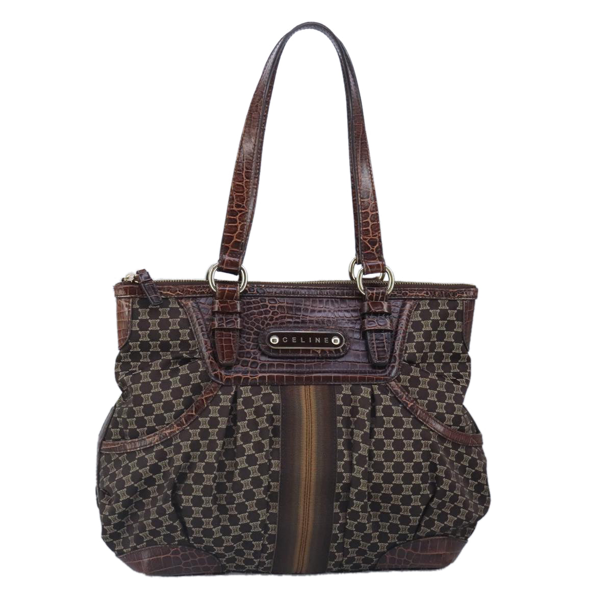 CELINE Macadam Canvas Tote Bag Brown Gold Auth 95830