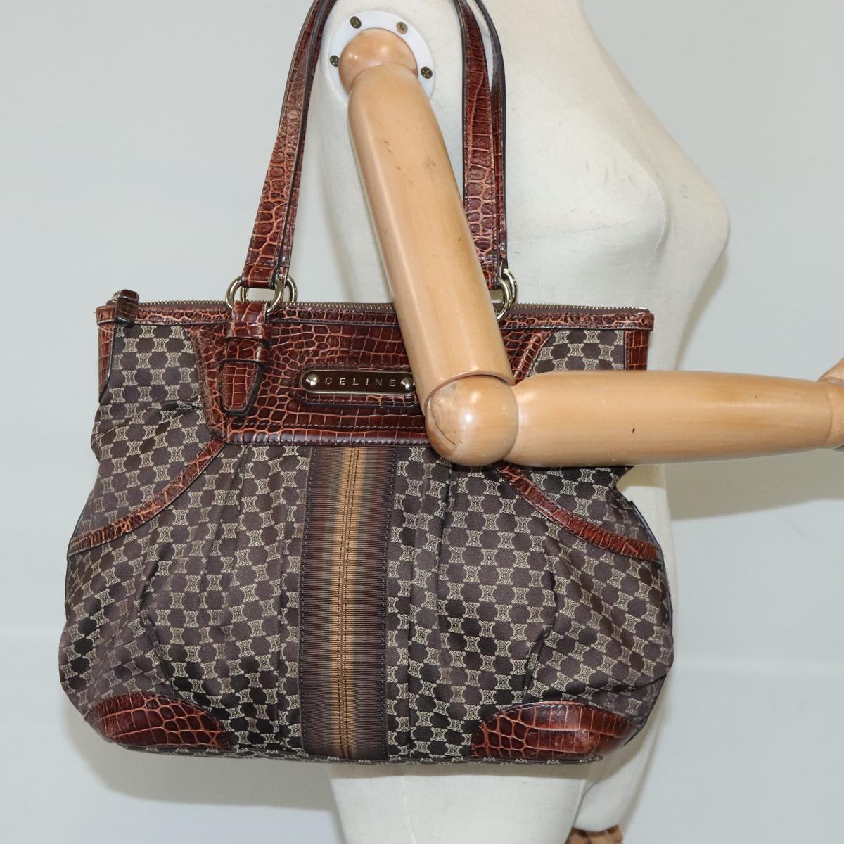 CELINE Macadam Canvas Tote Bag Brown Gold Auth 95830