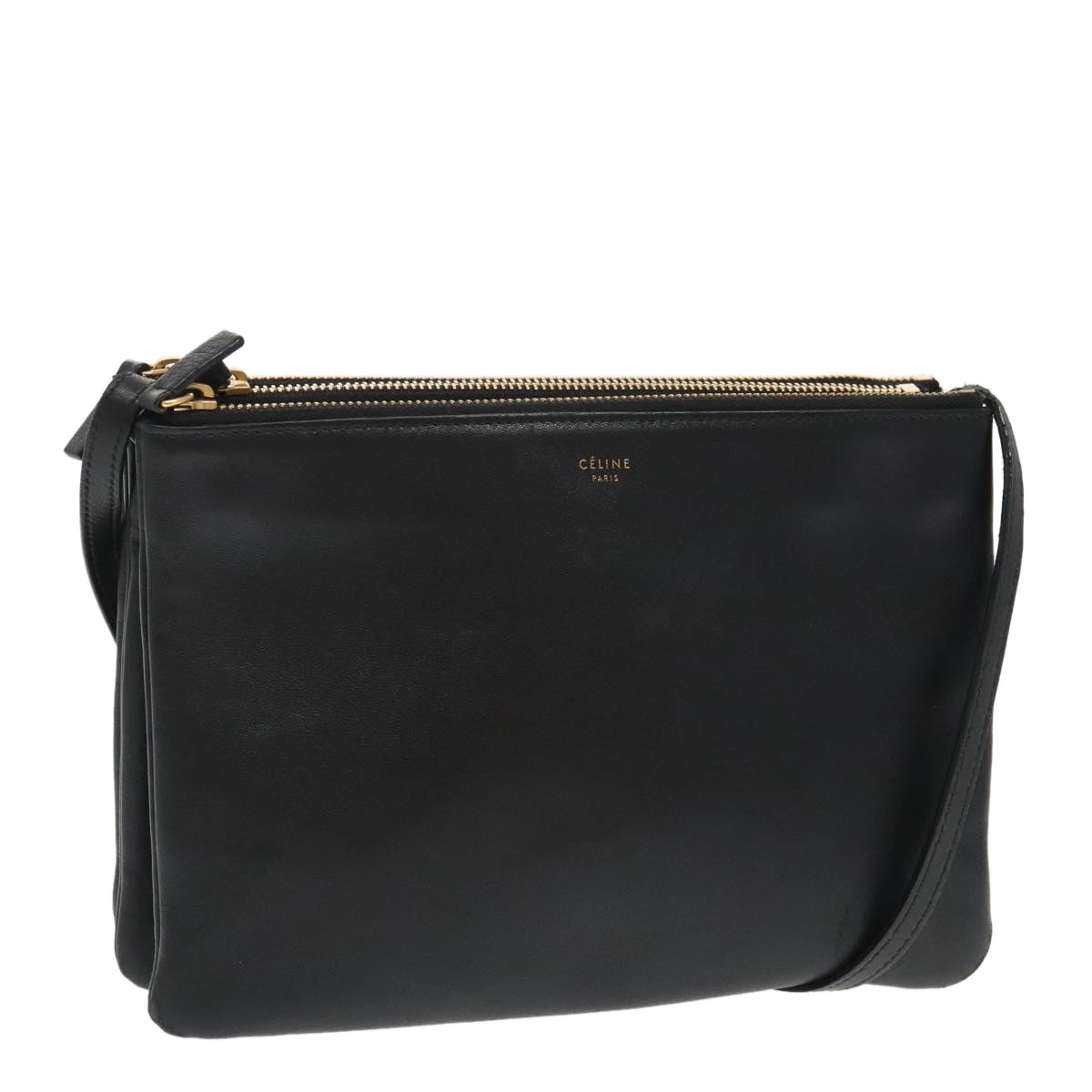 CELINE Trio Shoulder Bag Leather Black Gold Auth 95836