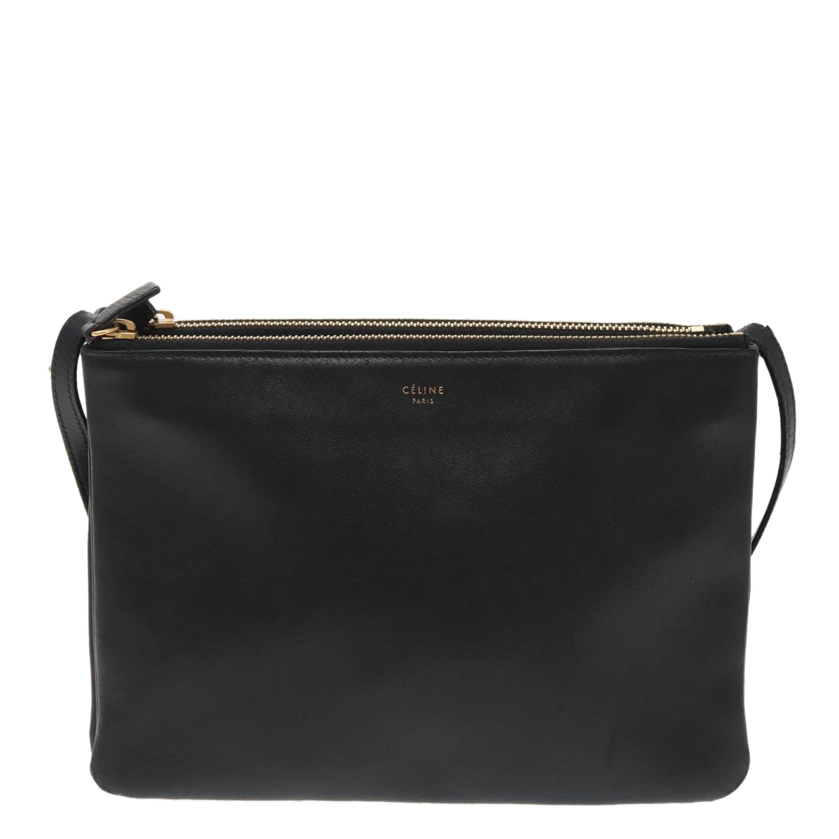 CELINE Trio Shoulder Bag Leather Black Gold Auth 95836