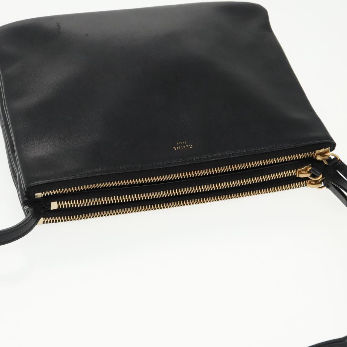 CELINE Trio Shoulder Bag Leather Black Gold Auth 95836