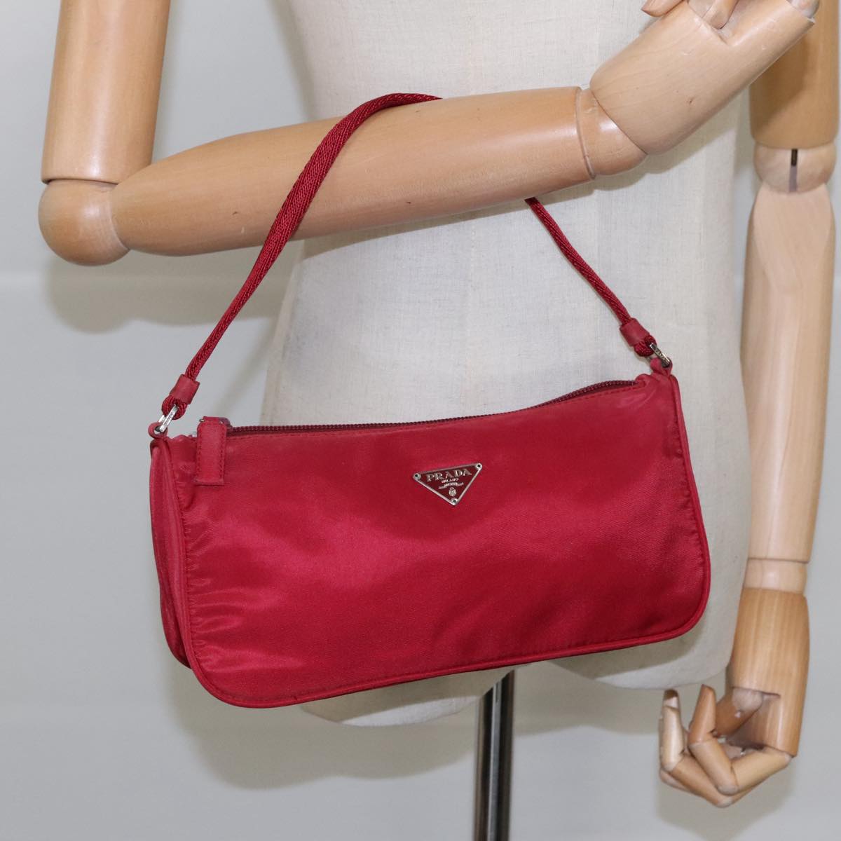 PRADA Accessory Pouch Nylon Red Silver Auth 95902