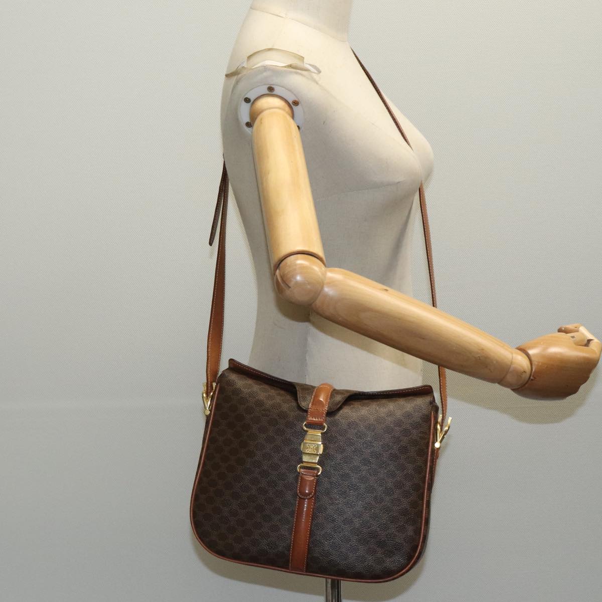 CELINE Macadam Canvas Shoulder Bag PVC Leather Brown Auth 95944