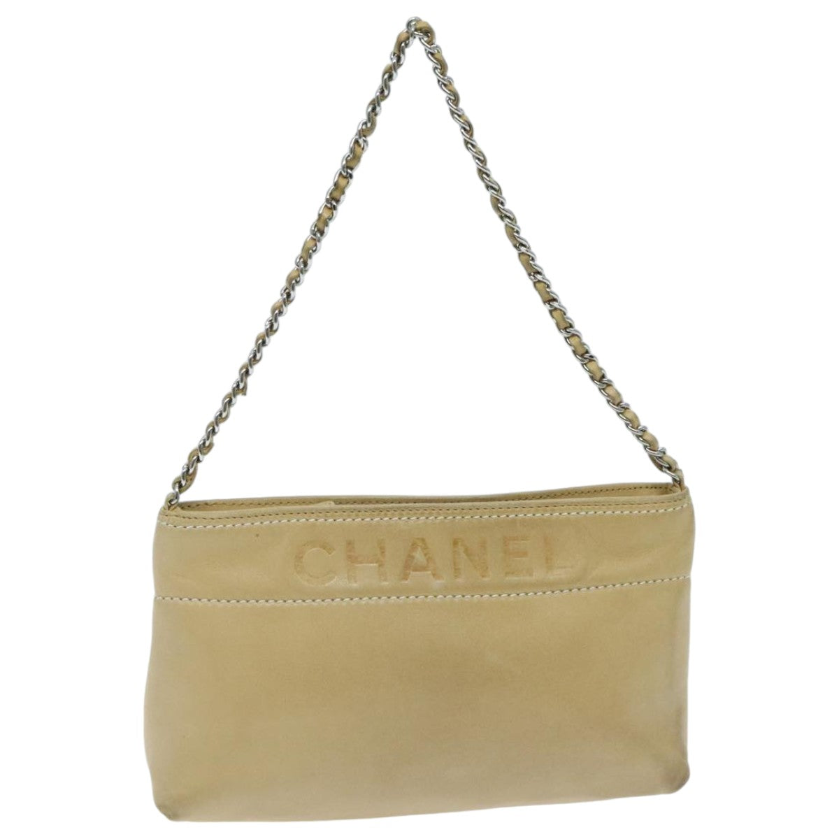 CHANEL Chain Shoulder Pouch Leather Beige Silver CC Auth 96004