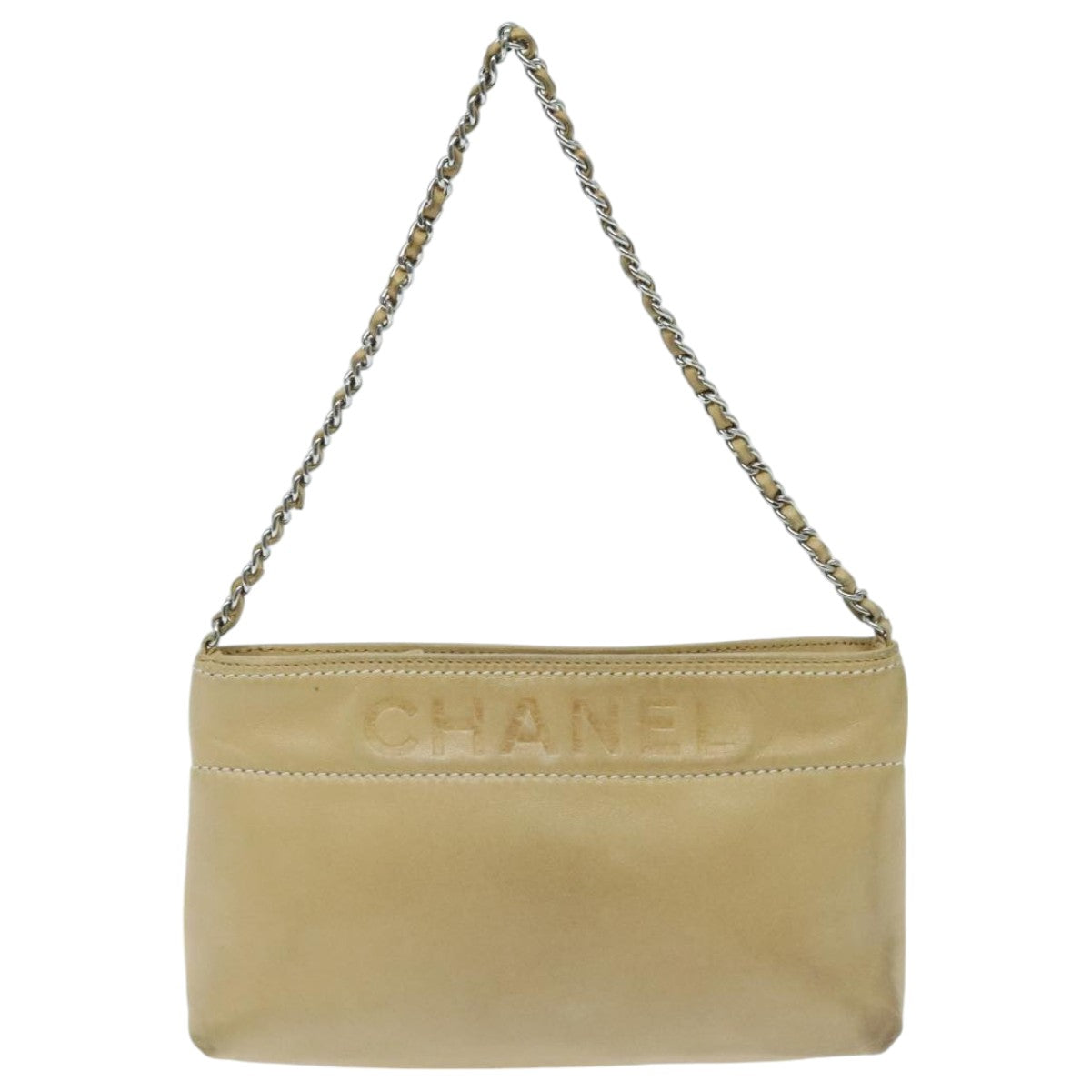 CHANEL Chain Shoulder Pouch Leather Beige Silver CC Auth 96004