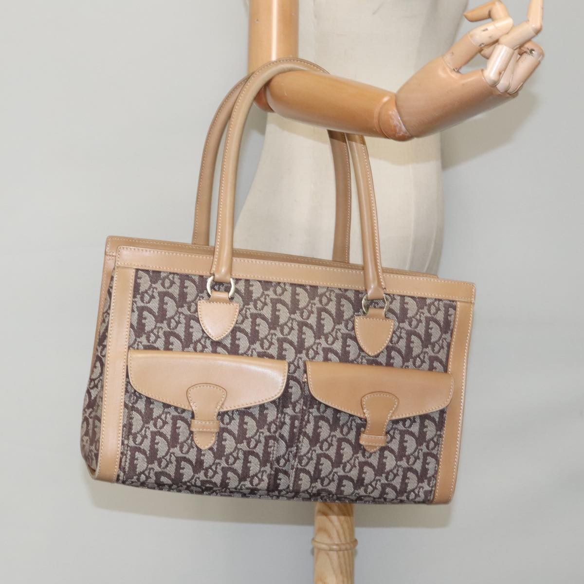 Christian Dior Trotter Canvas Hand Bag Beige Brown Gold Auth 96075