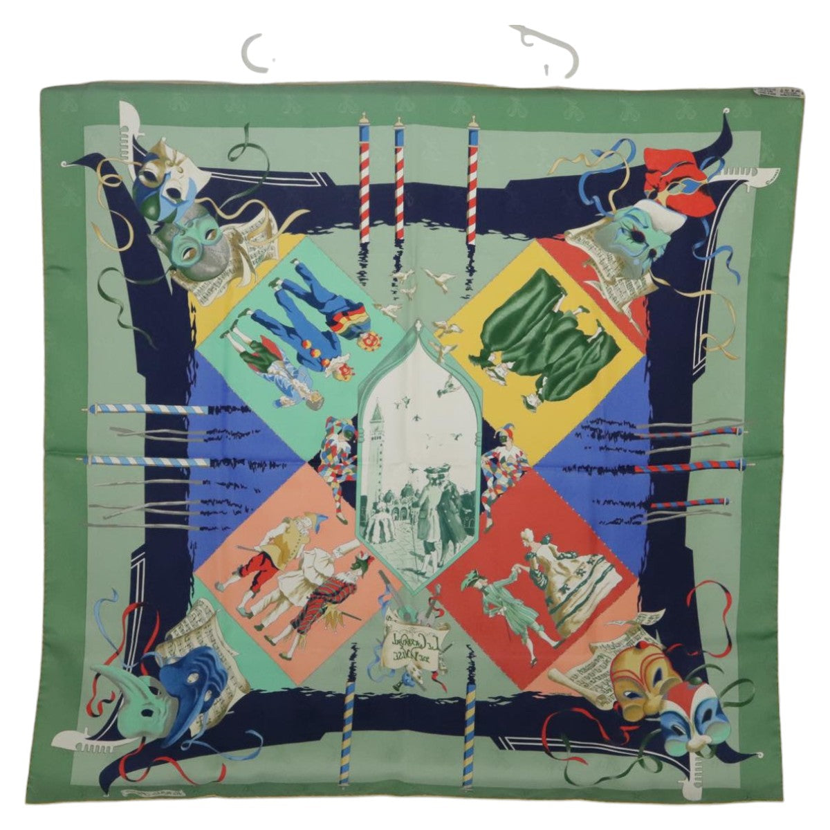 HERMES Carre 90 Scarf ""LE CARNAVAL DE VENISE"" Silk Green Auth 96076