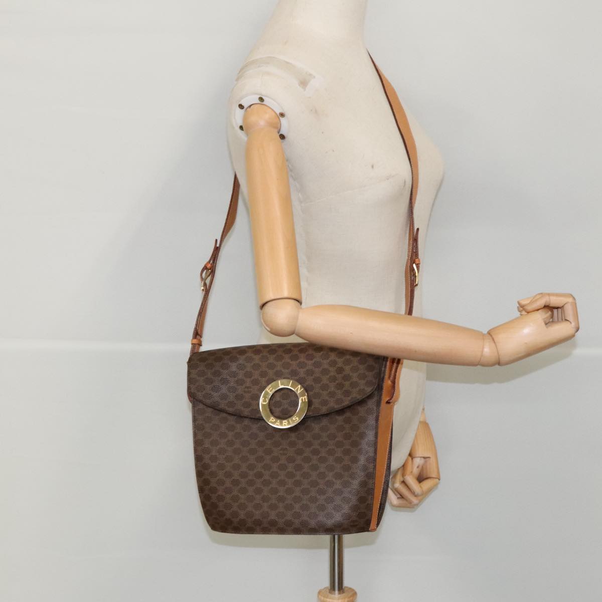 CELINE Macadam Canvas Shoulder Bag PVC Leather Brown Gold Auth 96180